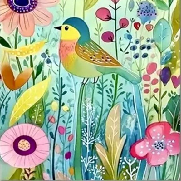 16x24 Bright Colors Whimsical Spring Flowers Bird Nature Floral Art Print New - Picture 3 of 3